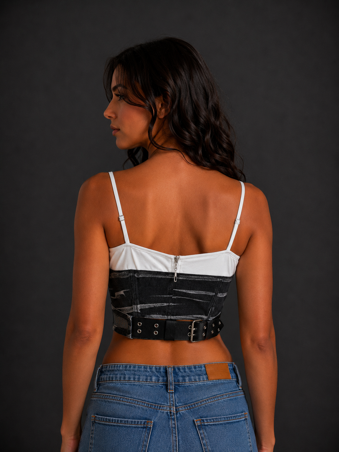 Corset Crop Top “Midnight Rebel” – Bustier Streetwear Nero con Cintura