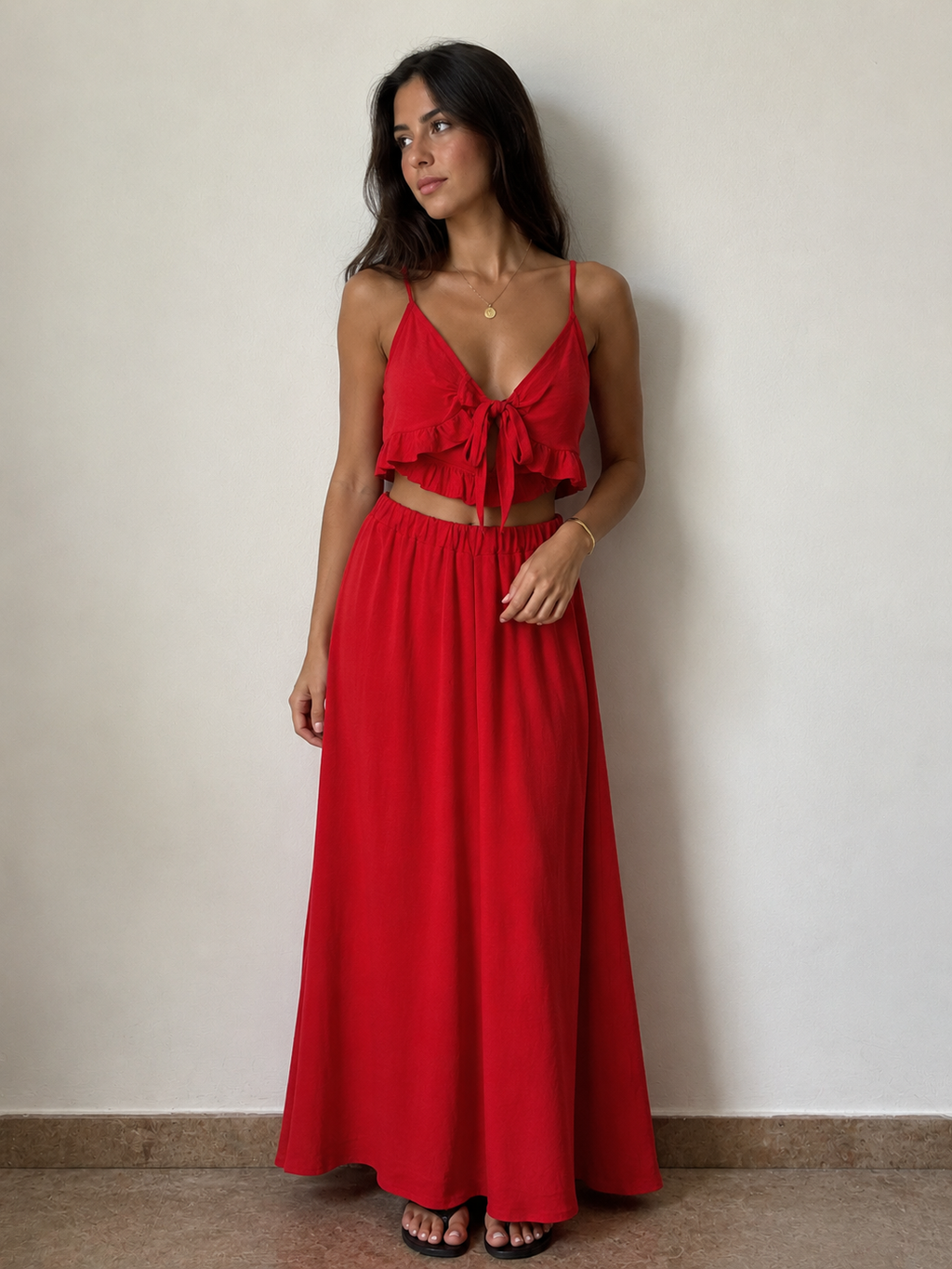 Coordinato Donna “Scarlet Sunset” – Top Volant con Gonna Maxi Fluida