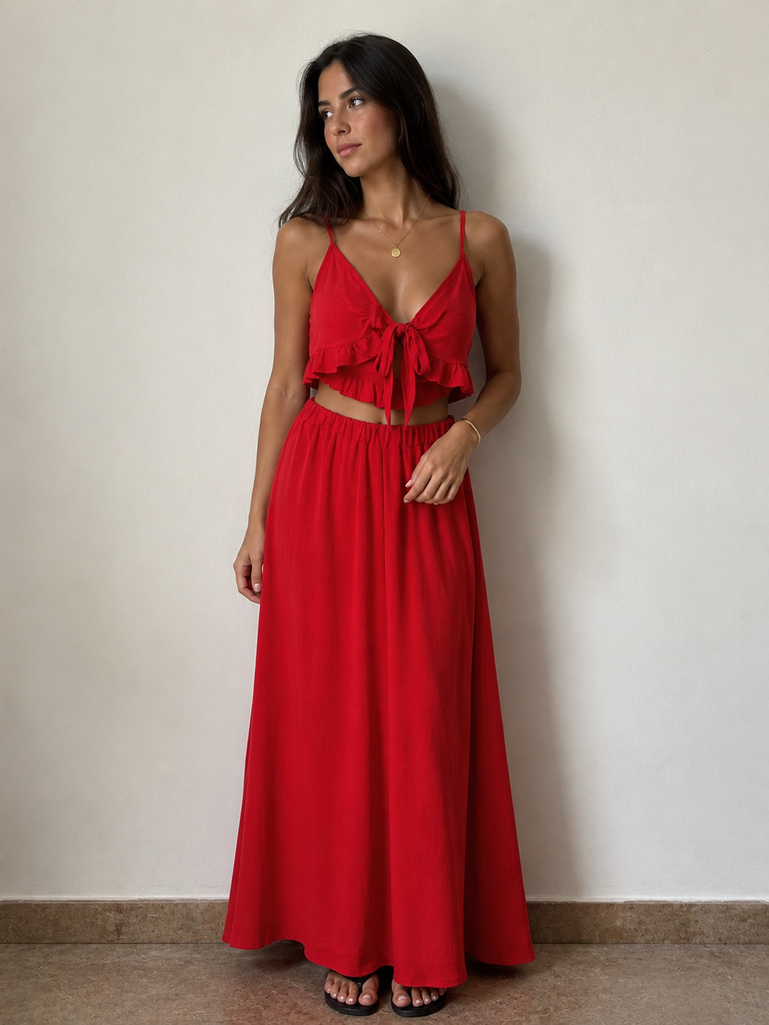 Coordinato Donna “Scarlet Sunset” – Top Volant con Gonna Maxi Fluida
