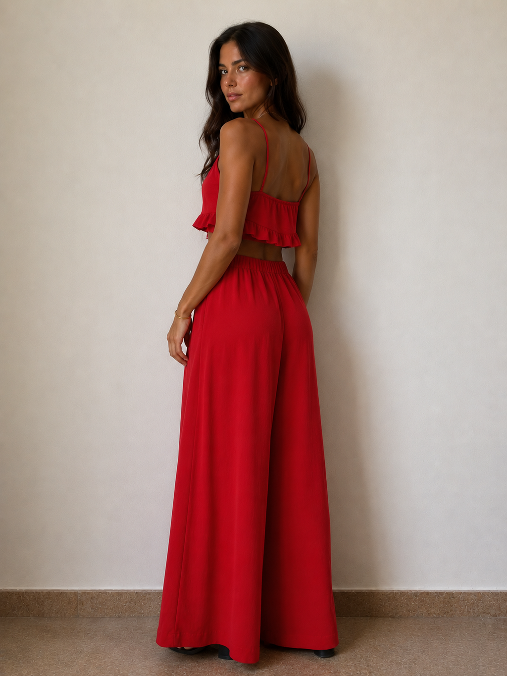 Coordinato Donna “Scarlet Sunset” – Top Volant con Gonna Maxi Fluida