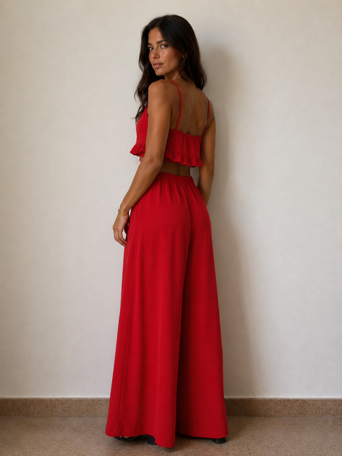 Coordinato Donna “Scarlet Sunset” – Top Volant con Gonna Maxi Fluida