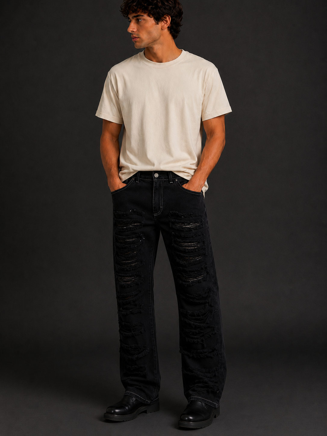 Jeans Wide Leg Destroyed Nero Premium